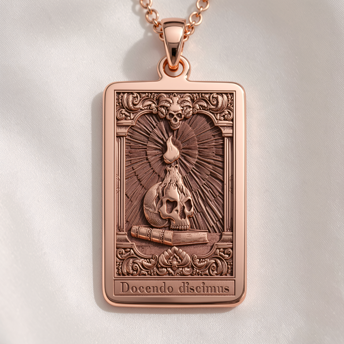Memento Docendo Pendant Necklace - Occult Tarot Charm - 14K Rose Gold Plated