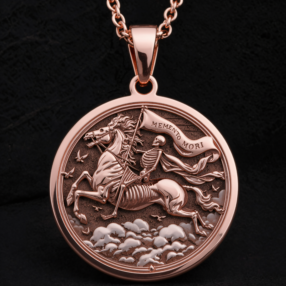 Memento Mori Coin Pendant in a polished rose gold finish.
