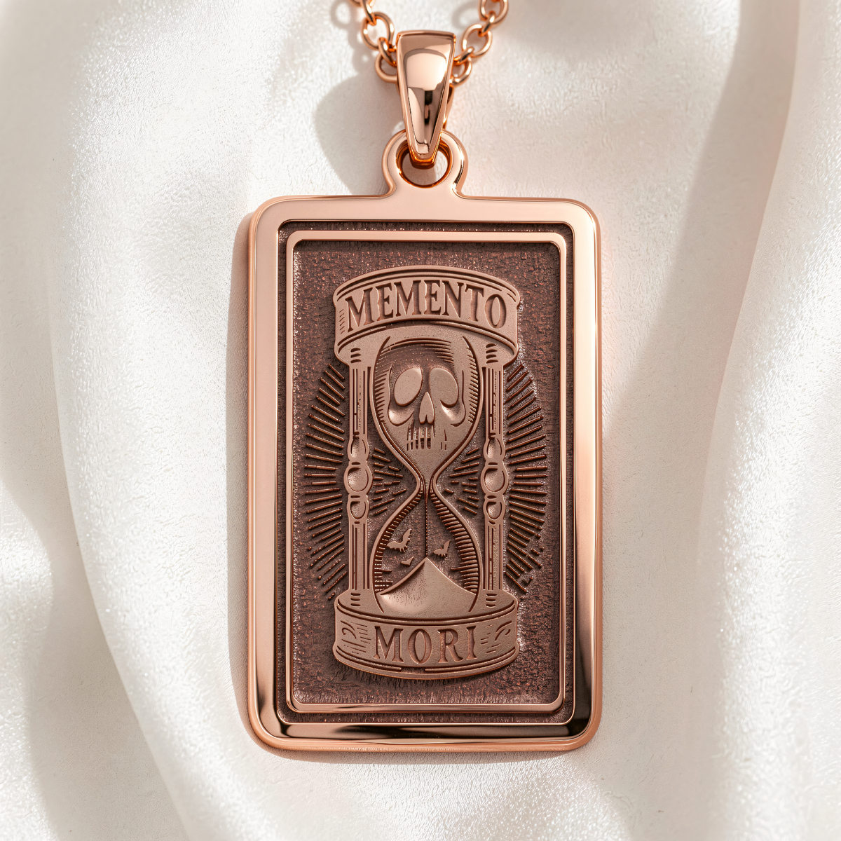 Memento Mori Skull Necklace rose gold plated rectangular pendant front view engraved hourglass skull design