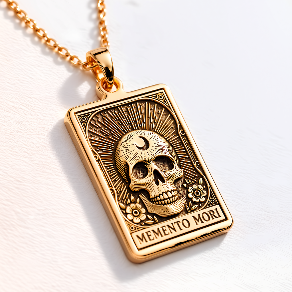 Memento Mori Skull Necklace - 14K Solid Gold, Left Angle View
