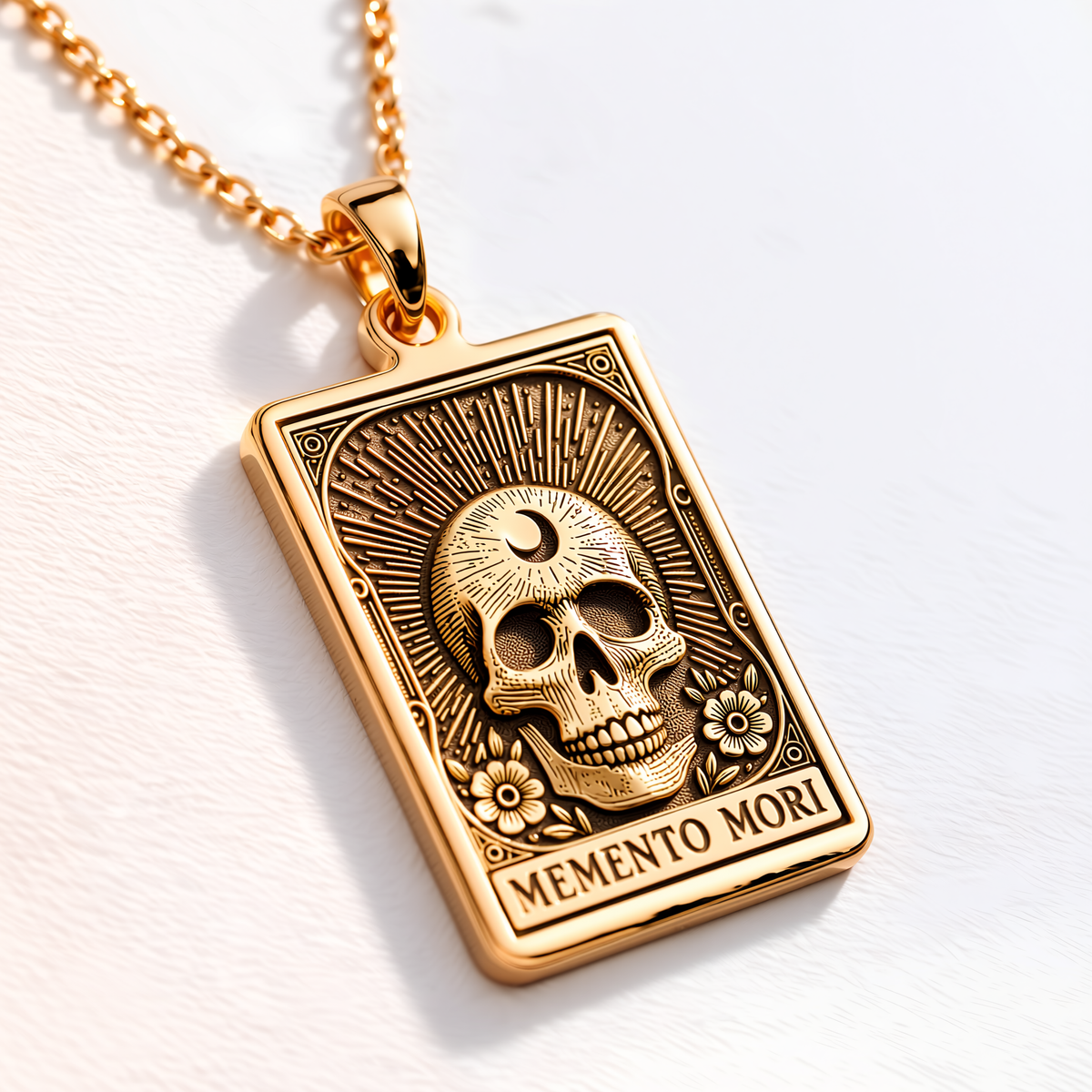 Memento Mori Skull Necklace - 14K Solid Gold, Left Angle View
