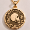 Memento Mori Skull Necklace – Mini Coin in a gold finish, shown from the front with detailed engraving on the pendant.