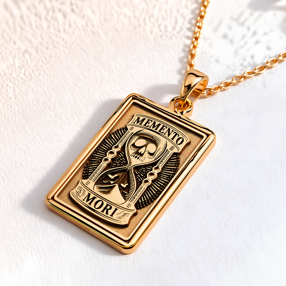Memento Mori Skull Necklace – Hourglass Bar - 14K Solid Gold, Right Angle View