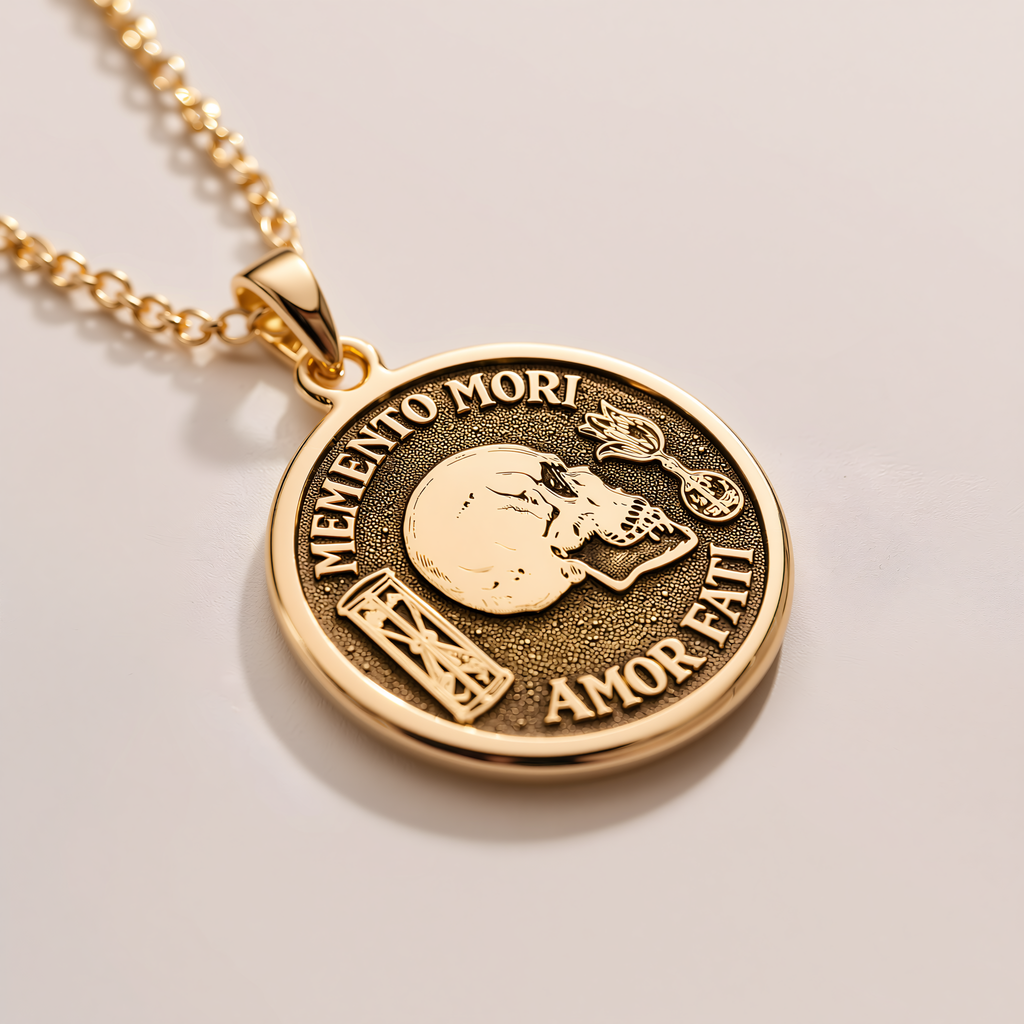 Memento Mori Skull Necklace – Mini Coin - 14K Solid Gold, Left Angle View