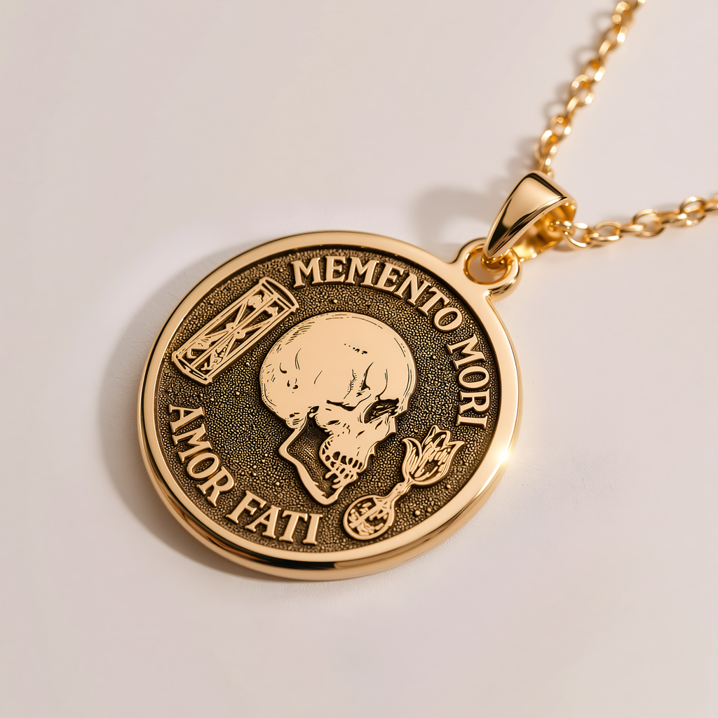 Memento Mori Skull Necklace – Mini Coin - 14K Solid Gold, Right Angle View