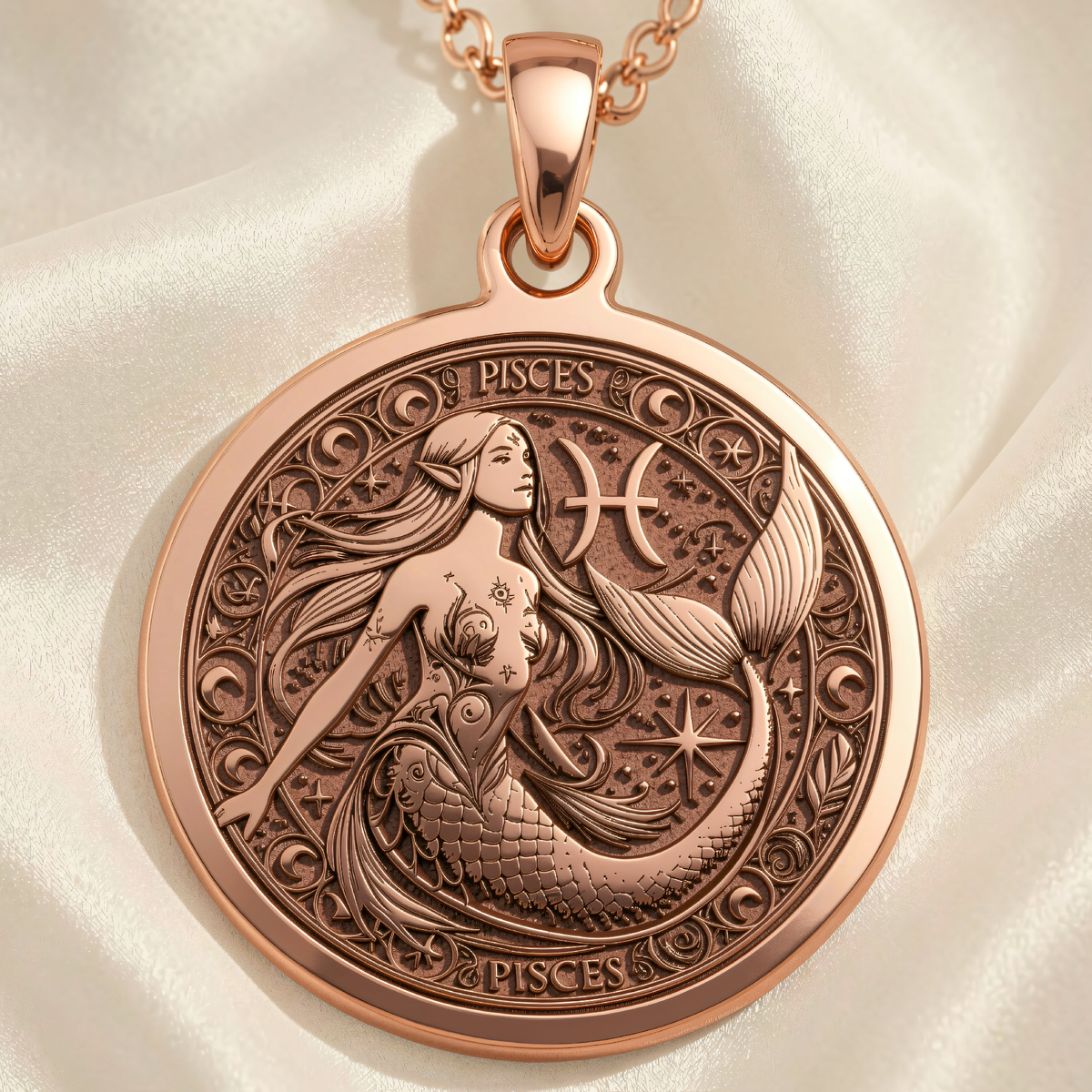 Mermaid Pisces Astrological Sign Necklace | Silver & Plated Options - Zodiac Horoscope Ocean Lover - 14K Rose Gold Plated Front View