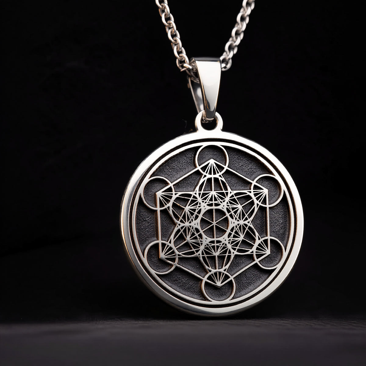Metatron's Cube Sacred Geometry Talisman Necklace — 925 Sterling Silver & 14K Gold Plated studio view (gallery angle 3)