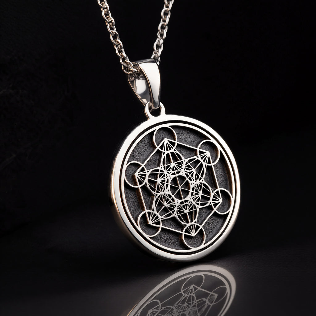 Metatron's Cube Sacred Geometry Talisman Necklace — 925 Sterling Silver & 14K Gold Plated studio view (gallery angle 4)