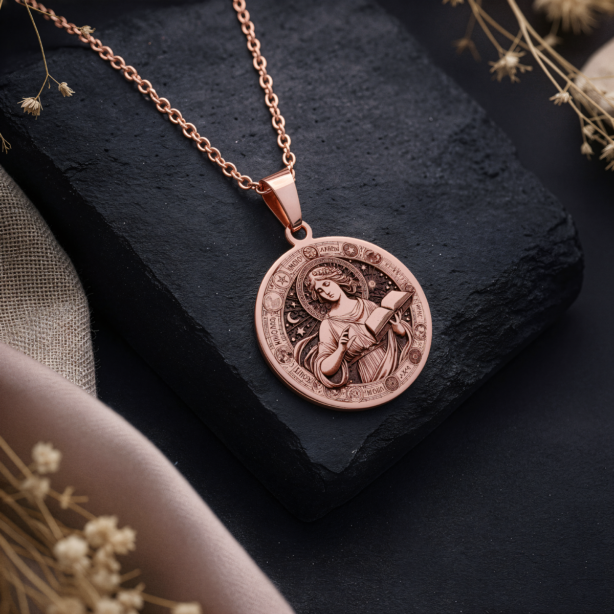 Mnemosyne Goddess Memory Wisdom Pendant in a polished rose gold finish.