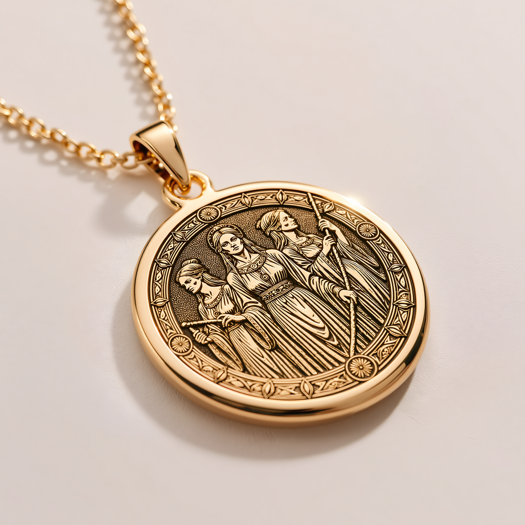 Moirai Fates Destiny Weavers Pendant - 14K Solid Gold, Left Angle View