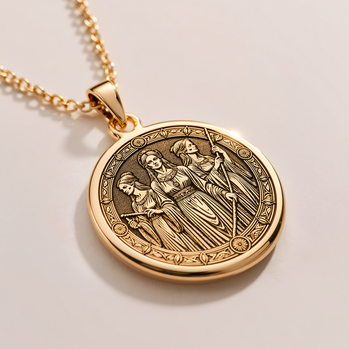Moirai Fates Destiny Weavers Pendant - 14K Solid Gold, Left Angle View