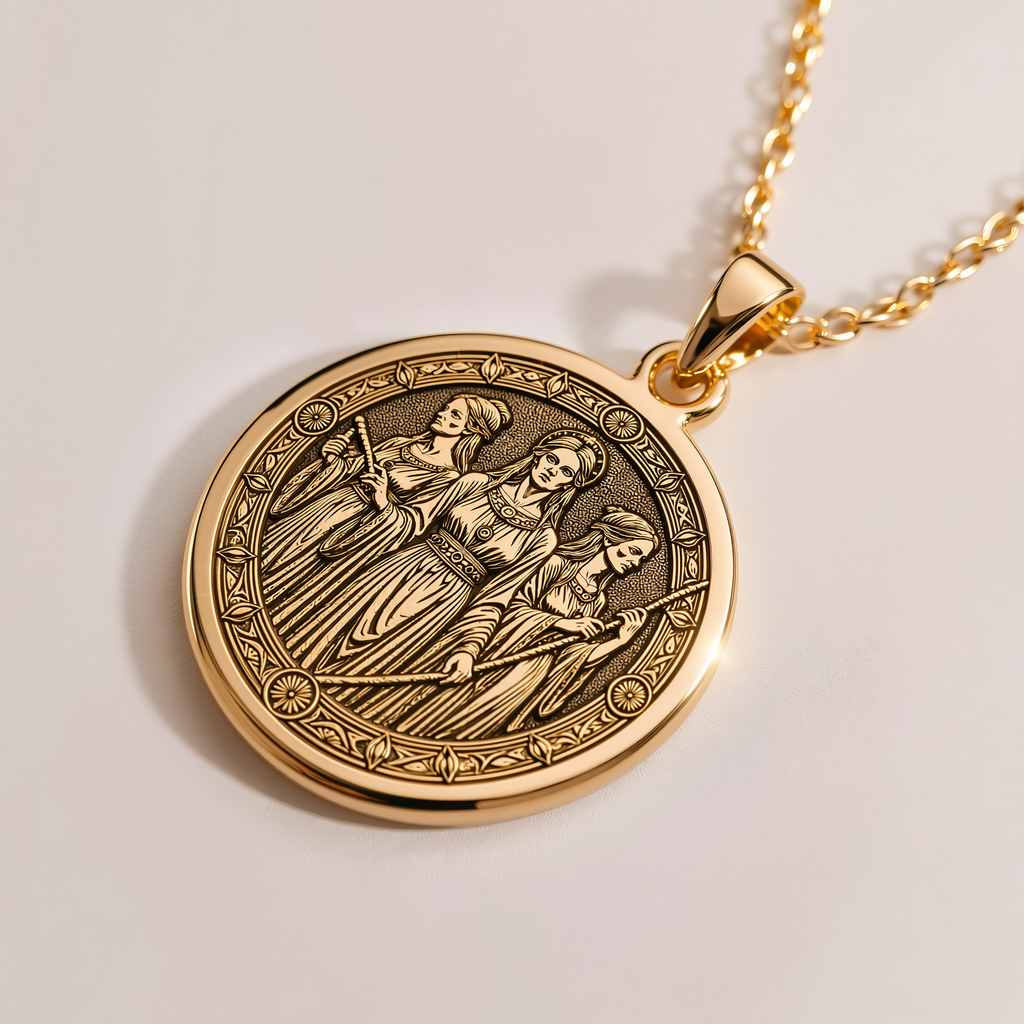Moirai Fates Destiny Weavers Pendant - 14K Solid Gold, Right Angle View