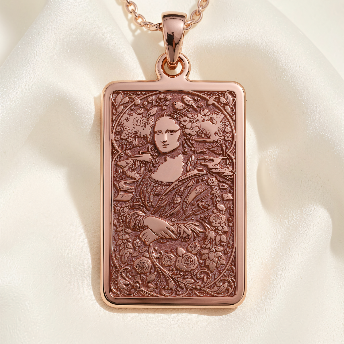 Mona Lisa Tarot Pendant | Silver & Plated Options - Ancient Mythology Museum Jewelry - 14K Rose Gold Plated Front View