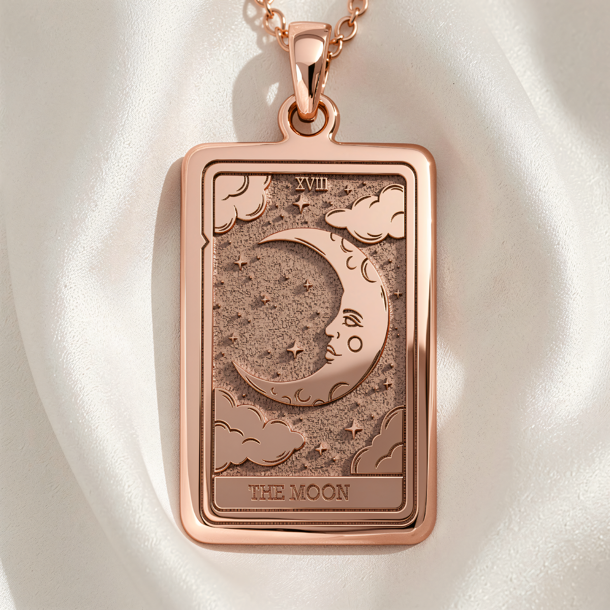 Moon Tarot Card Necklace | Silver & Plated Options - Occult Arcana Spiritual Protection - 14K Rose Gold Plated Front View