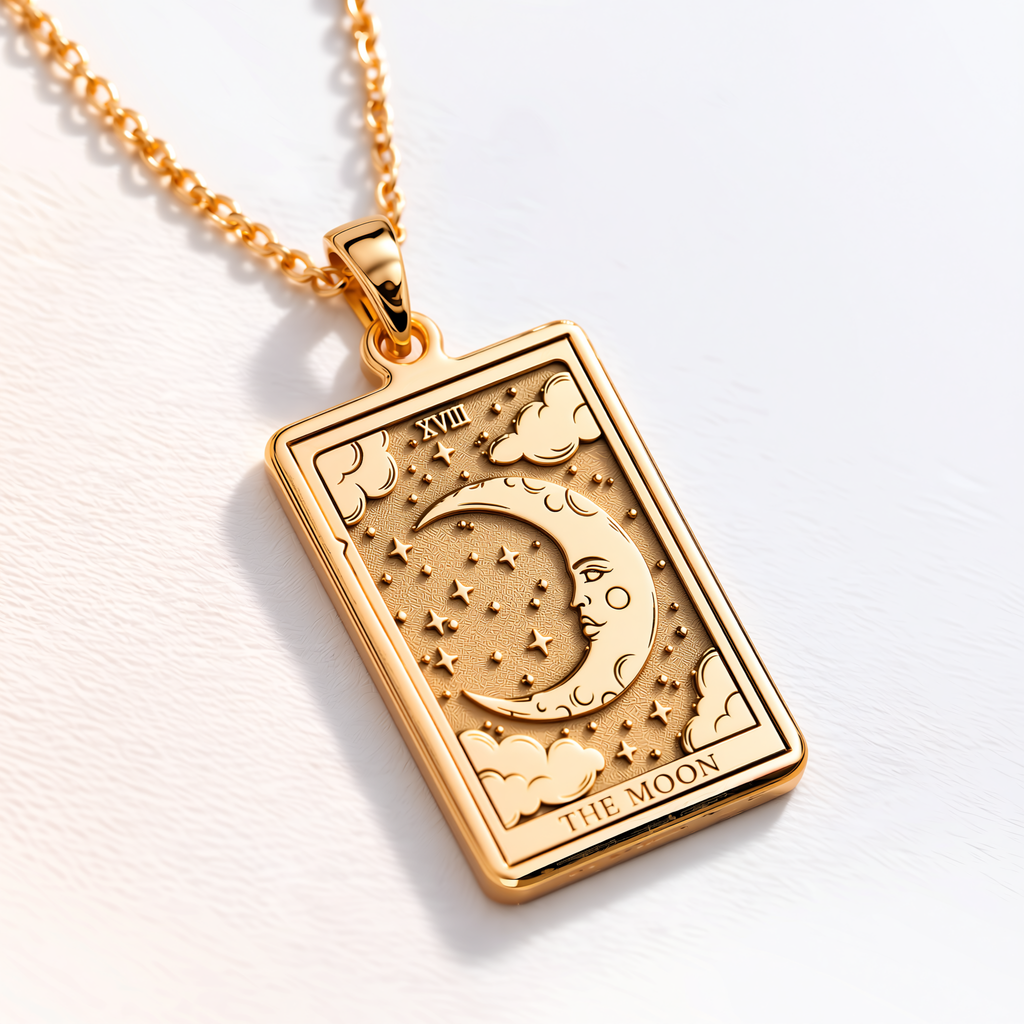 Moon Tarot Card Necklace - 14K Solid Gold, Left Angle View