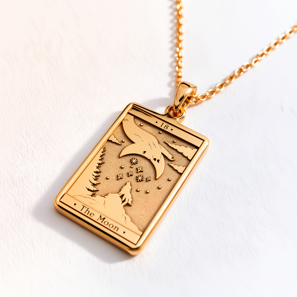 Moon Tarot Card Necklace - 14K Solid Gold, Left Angle View
