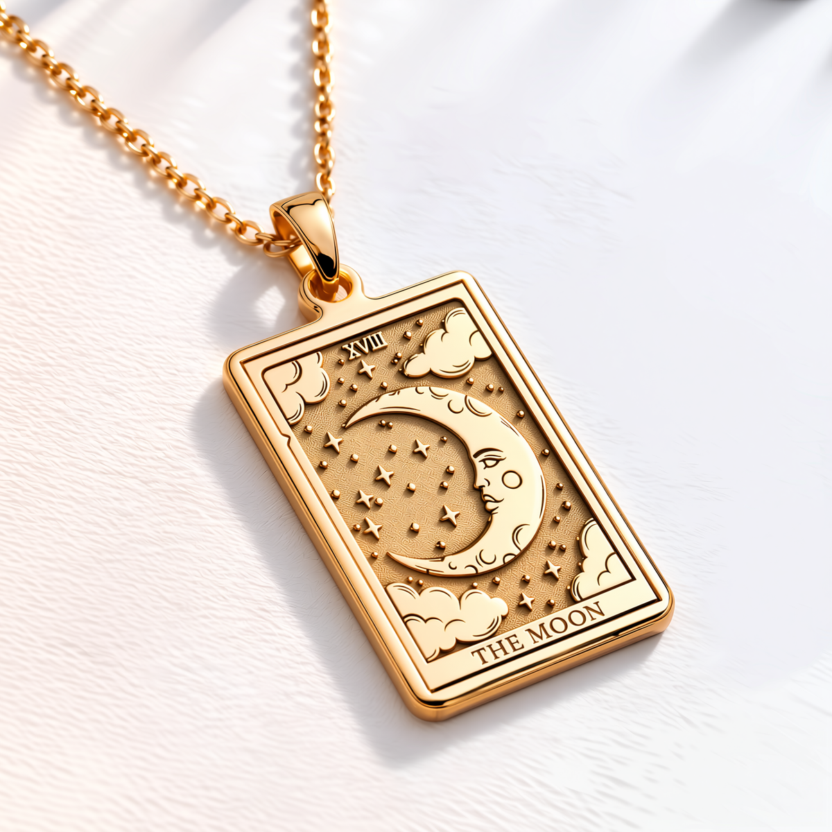 Moon Tarot Card Necklace - 14K Solid Gold, Right Angle View