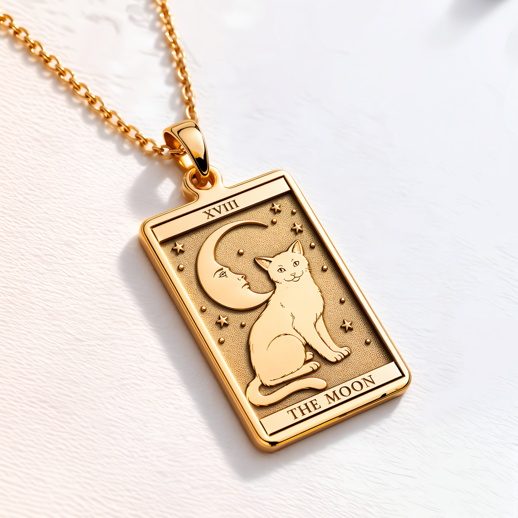 Moon Tarot Card Necklace - 14K Solid Gold, Right Angle View