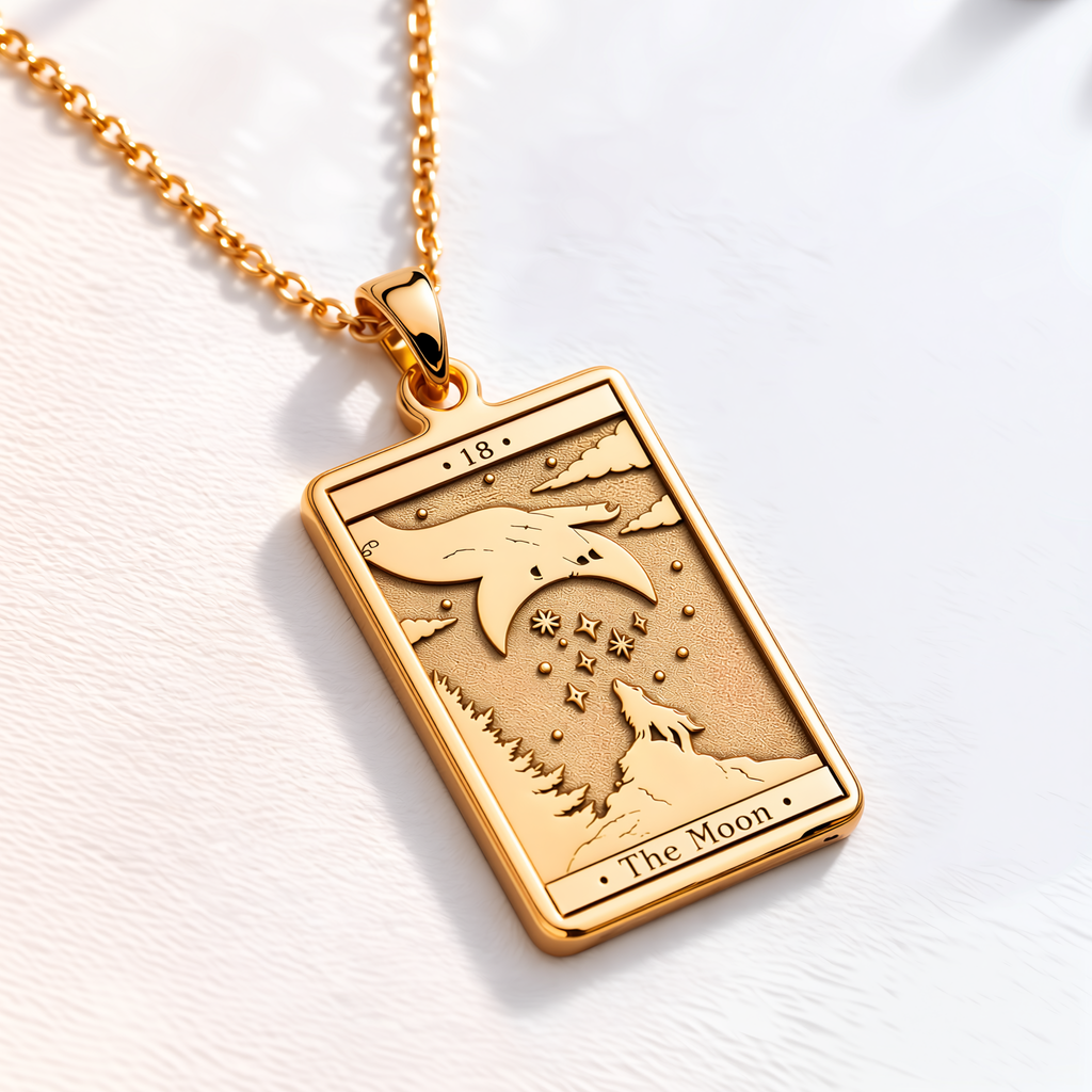 Moon Tarot Card Necklace - 14K Solid Gold, Right Angle View