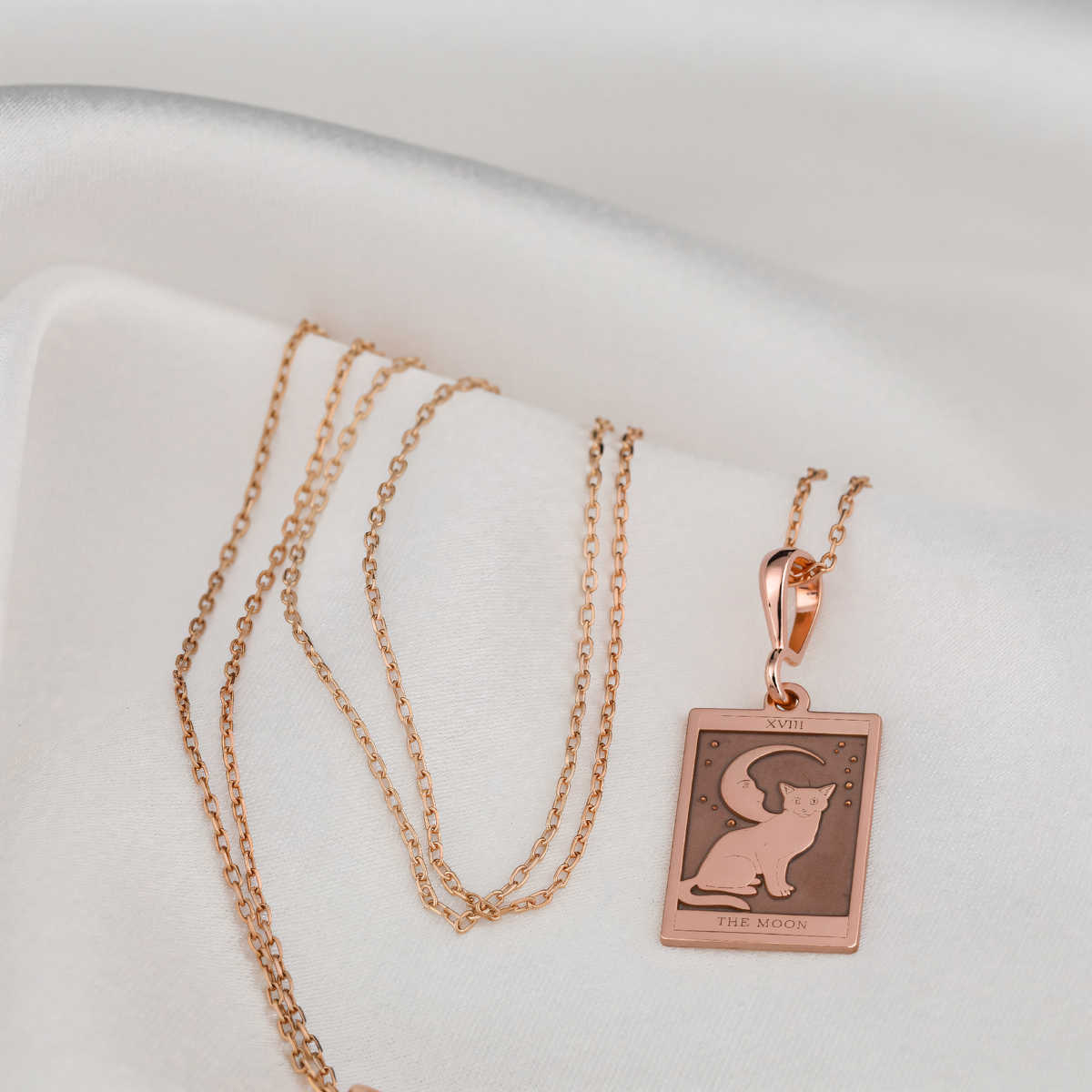 Moon Tarot Card Necklace in a polished rose gold finish.