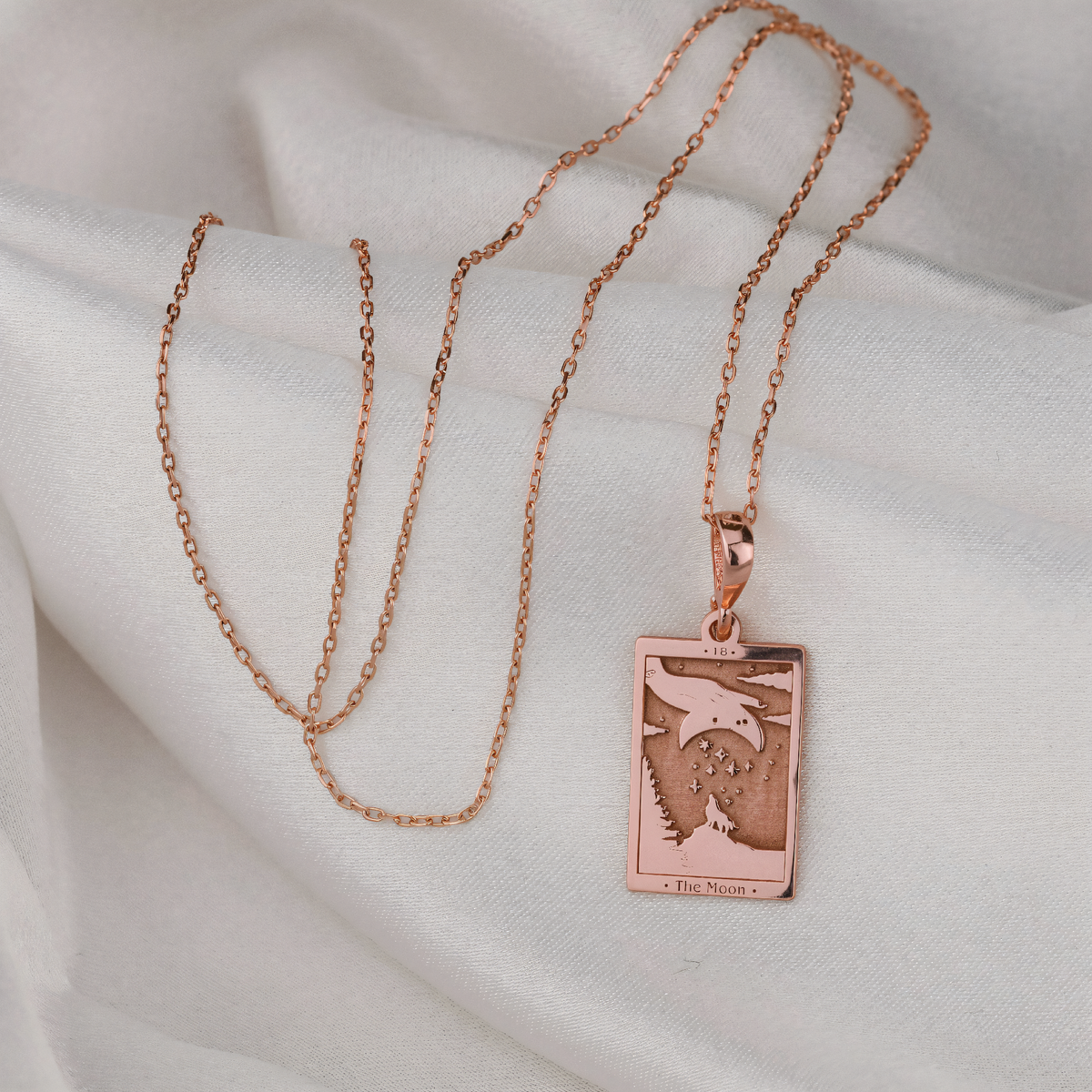Moon Tarot Pendant Necklace - Celestial Arcana Charm in a polished rose gold finish.