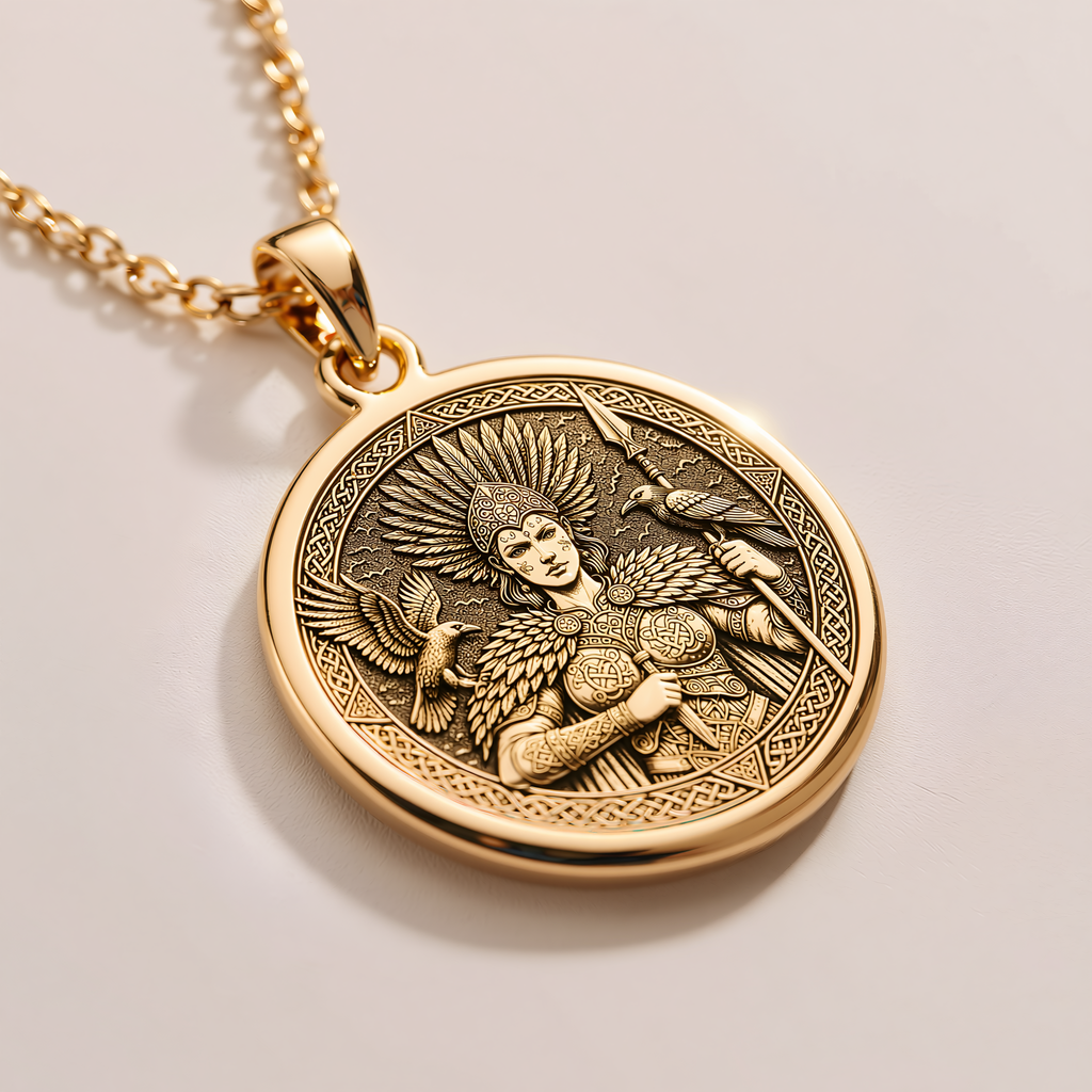 Morigan Celtic Goddess Medallion - 14K Solid Gold, Left Angle View