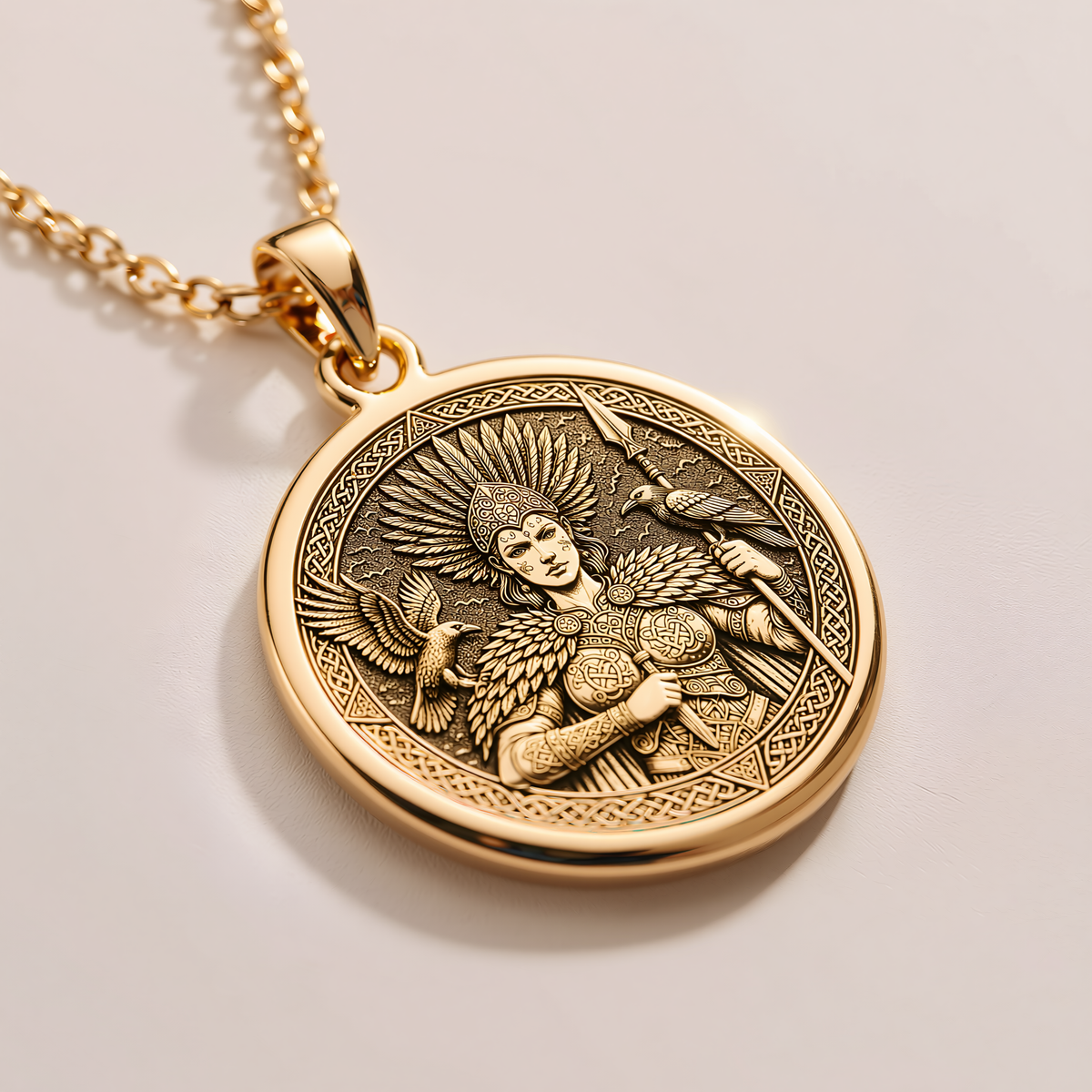 Morigan Celtic Goddess Medallion - 14K Solid Gold, Left Angle View
