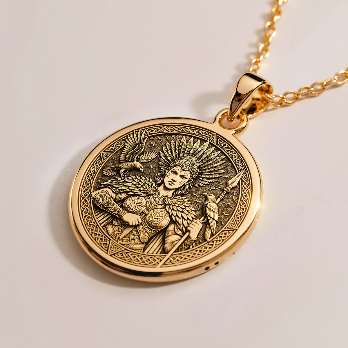 Morigan Celtic Goddess Medallion - 14K Solid Gold, Right Angle View