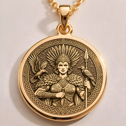 Morigan Necklace: 14K Gold Celtic Goddess Medallion, Engraved Irish Mythology Pendant, Raven Amulet for Women - View 2