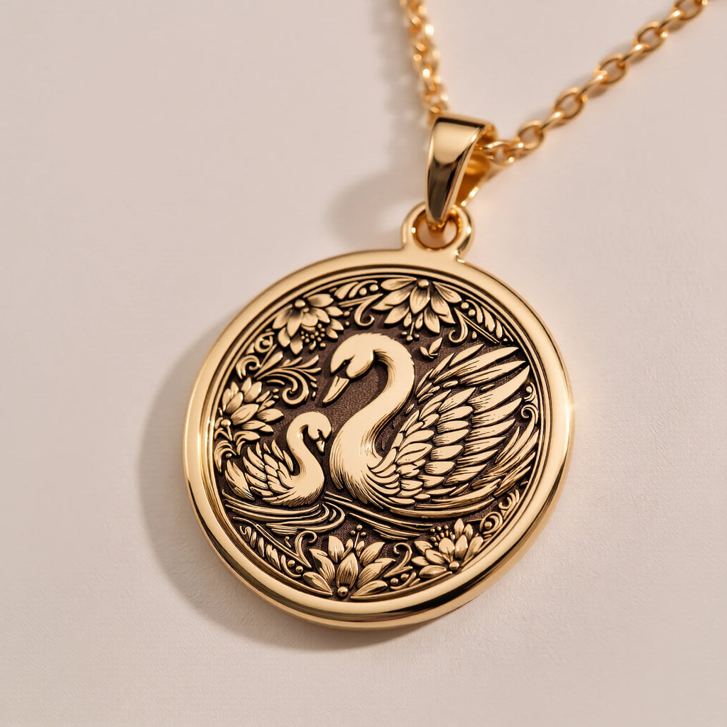 Mother Baby Swan Pendant - Maternal Love Family Gift - Görsel 3, 14K gold pendant