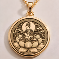 A polished 14K solid gold Motherhood pendant. This fine jewelry represents the sacred bond of family, making it a perfect Mother's Day gift.