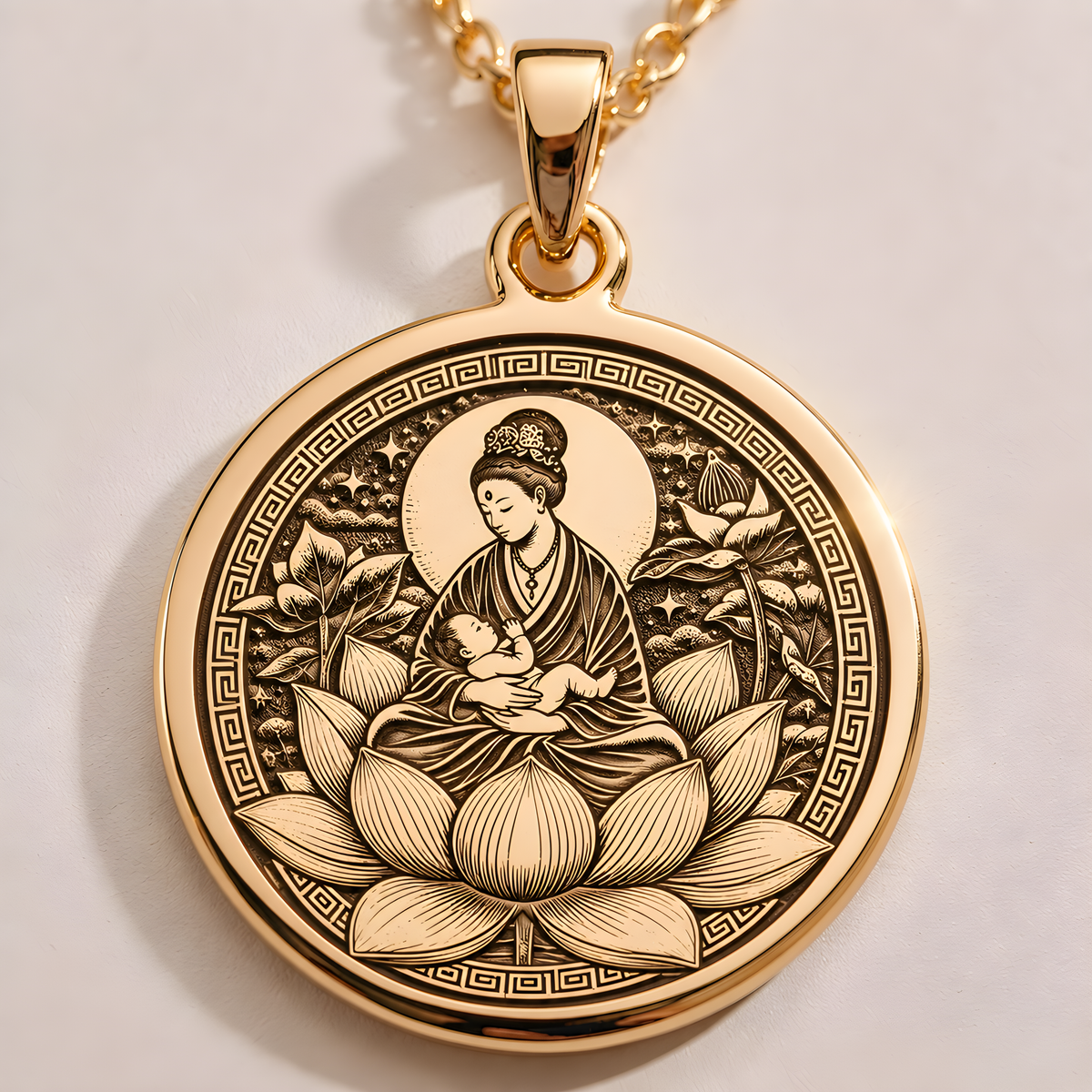 A polished 14K solid gold Motherhood pendant. This fine jewelry represents the sacred bond of family, making it a perfect Mother's Day gift.