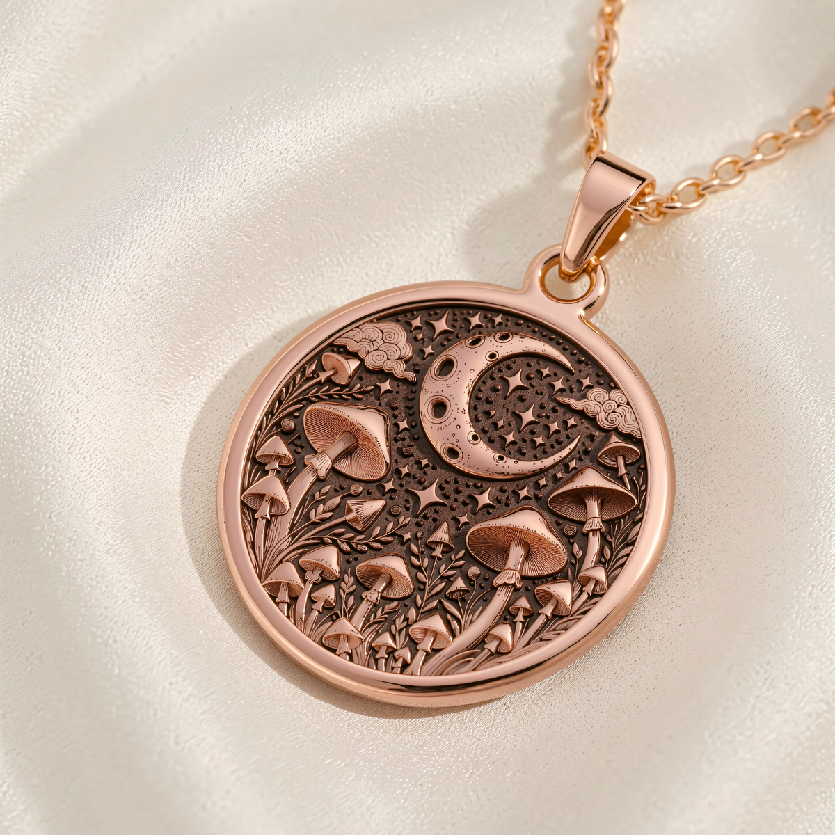 Mushroom & Moon Pendant | Silver & Plated Options - Boho Forest Nature Lover Gift - 14K Rose Gold Plated Front View