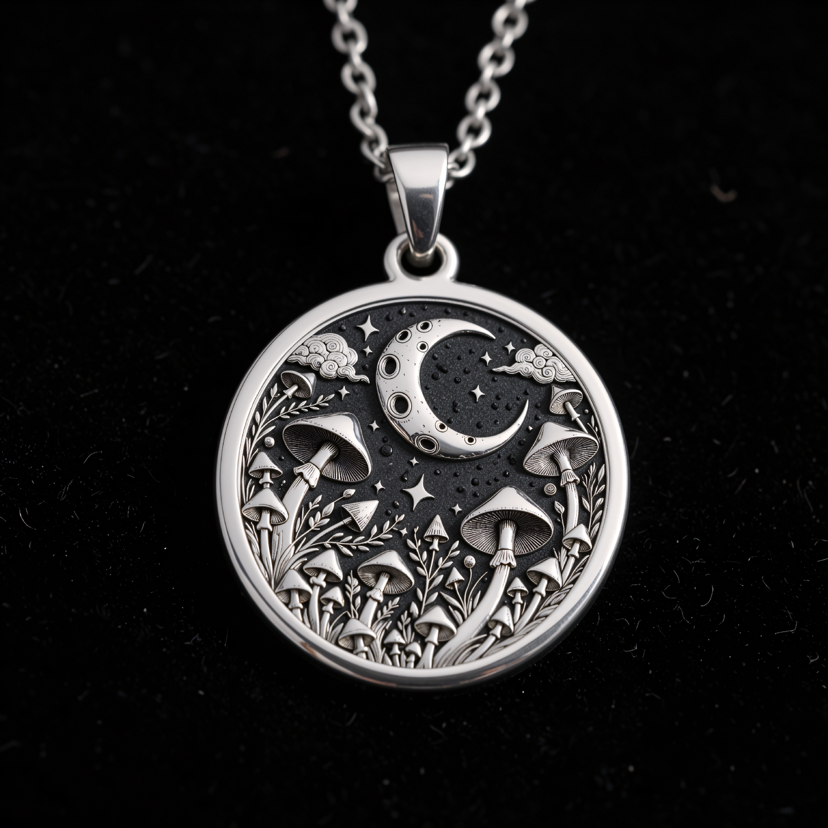 Mushroom & Moon Pendant - 925 Sterling Silver