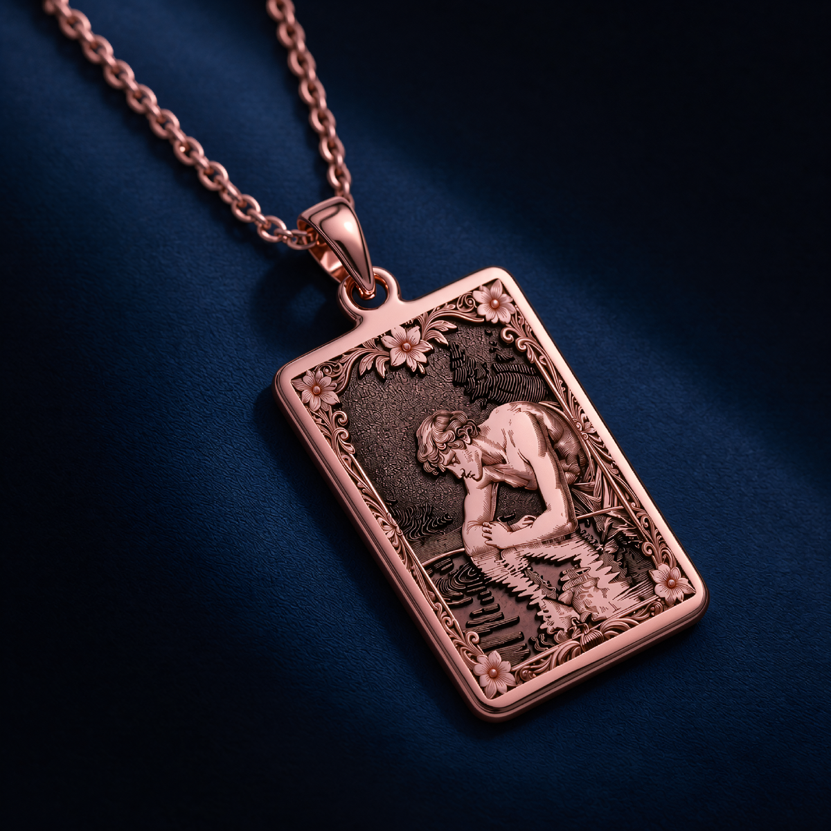 Narcissus Greek Mythology Pendant in a polished rose gold finish.