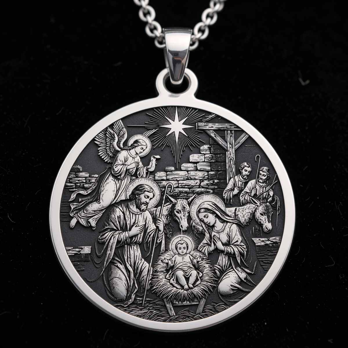 Nativity Scene Medallion Pendant - 925 Sterling Silver