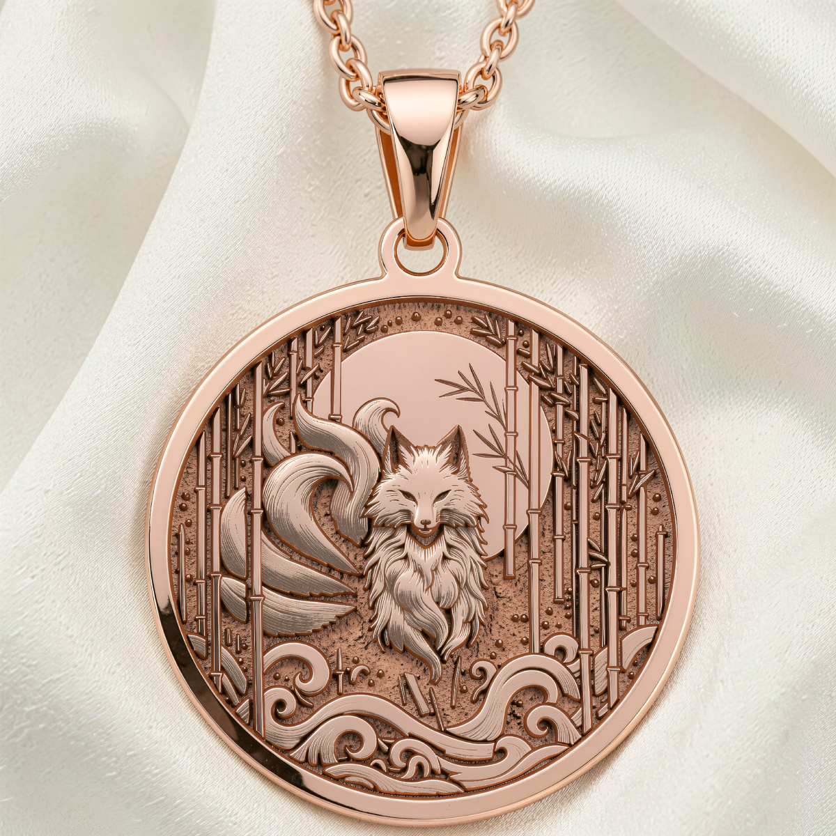 Nine-Tailed Fox Kitsune Necklace | Silver & Plated Options - Spiritual Protection Talisman - 14K Rose Gold Plated Front View