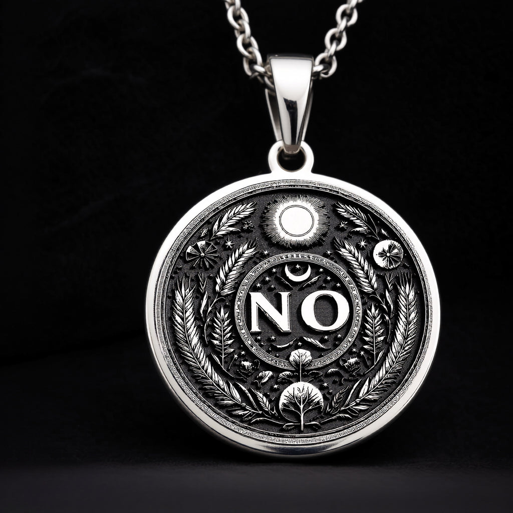 925 Sterling Silver NO Pendant with detailed boundary design. Handcrafted silver coin charm featuring empowering affirmation surrounded by protective evil eye, moon and laurel elements. Self-respect jewelry celebrating personal sovereignty.