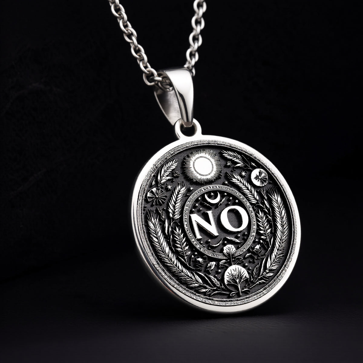925 Sterling Silver NO Medallion showcasing powerful boundary word with protective symbols. Detailed self-advocacy coin pendant with evil eye, moon and botanical elements. Premium empowerment jewelry symbolizing personal limits and self-respect. - Vi