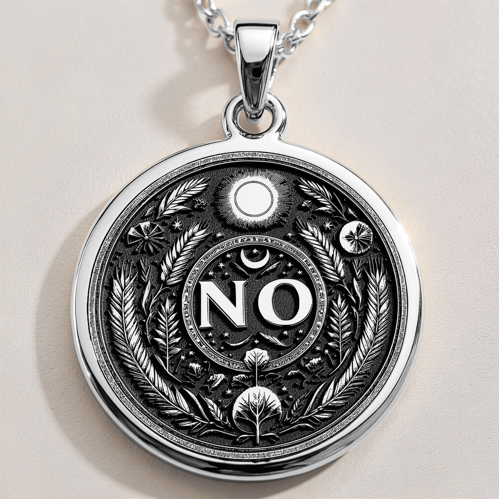 925 Sterling Silver NO Medallion showcasing powerful boundary word with protective symbols. Detailed self-advocacy coin pendant with evil eye, moon and botanical elements. Premium empowerment jewelry symbolizing personal limits and self-respect. - Vi