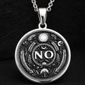 925 Sterling Silver NO Medallion showcasing powerful boundary word with protective symbols. Detailed self-advocacy coin pendant with evil eye, moon and botanical elements. Premium empowerment jewelry symbolizing personal limits and self-respect.