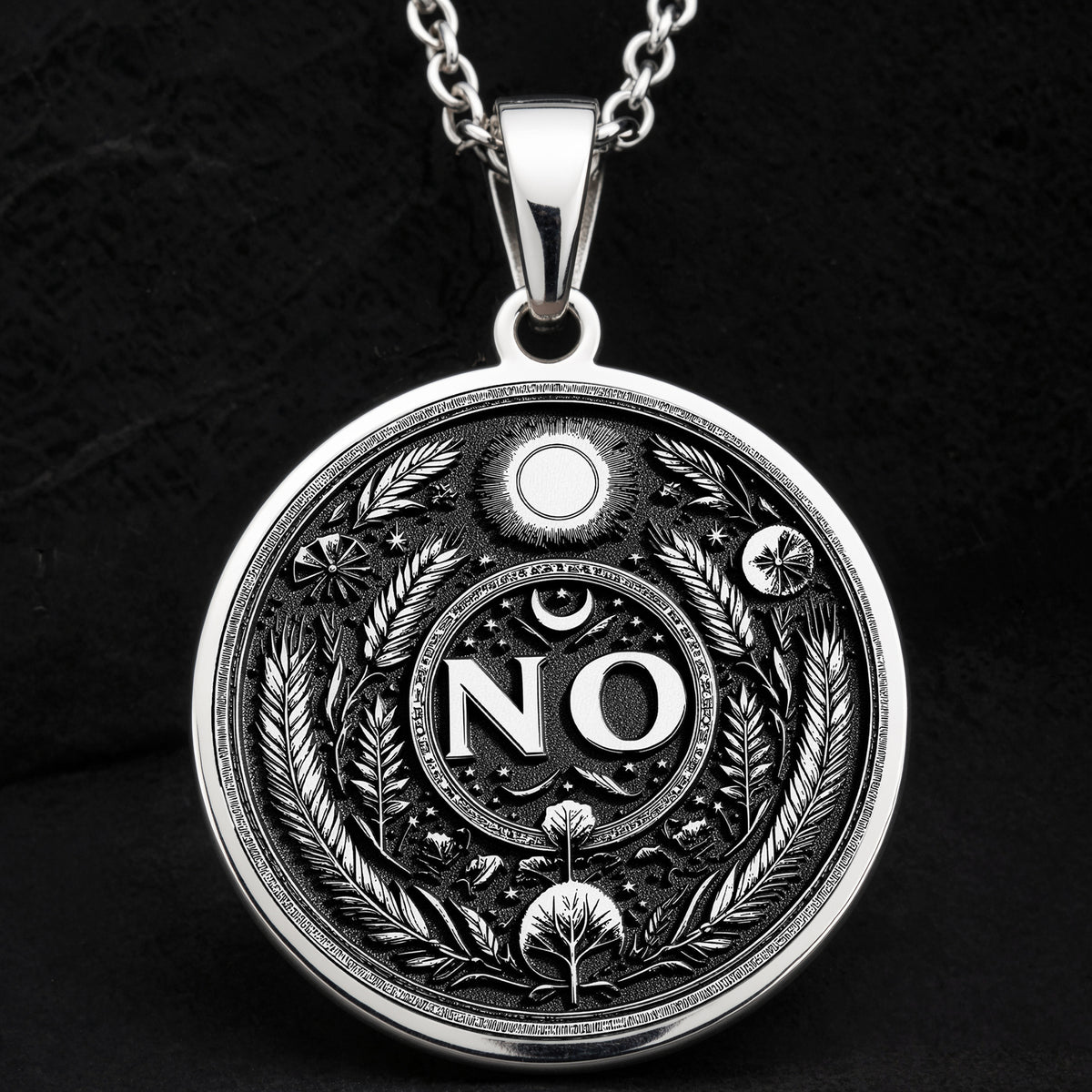 925 Sterling Silver NO Medallion showcasing powerful boundary word with protective symbols. Detailed self-advocacy coin pendant with evil eye, moon and botanical elements. Premium empowerment jewelry symbolizing personal limits and self-respect.
