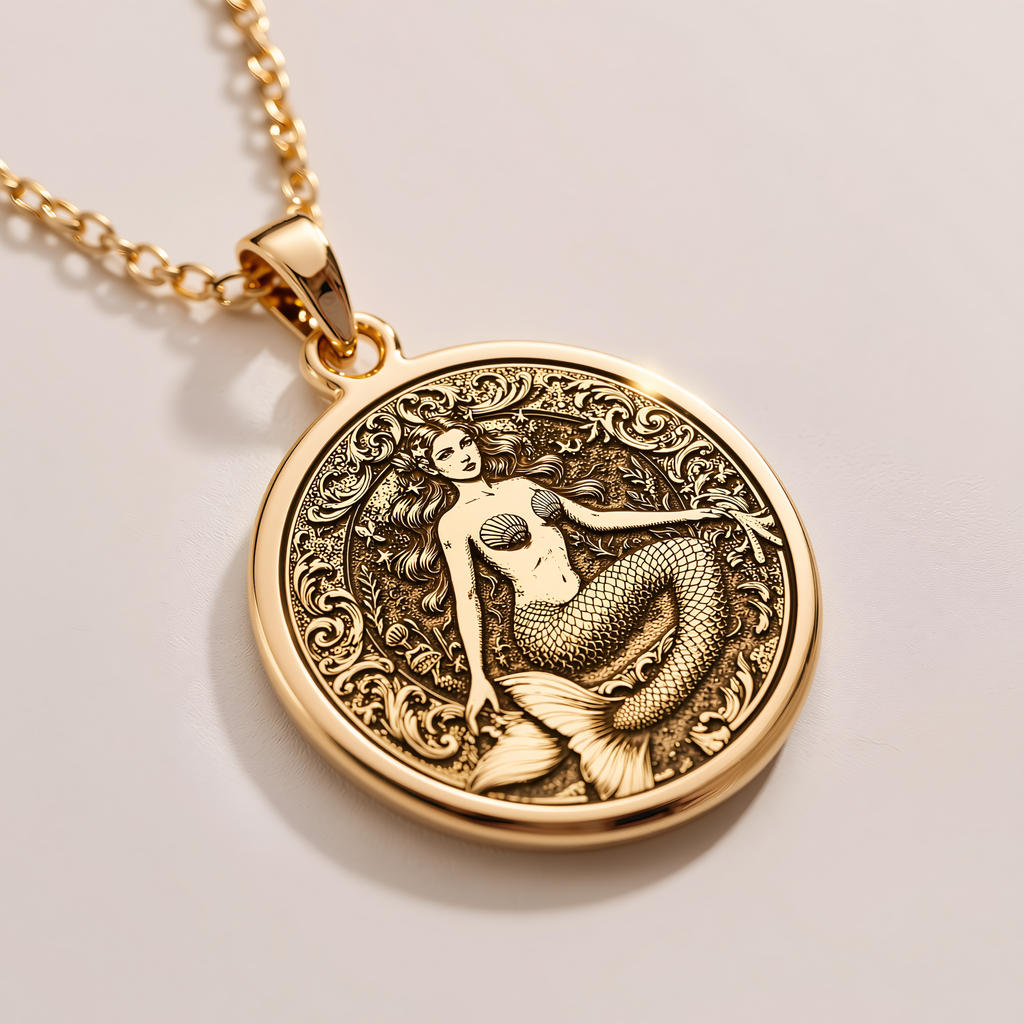 Ocean Goddess Mermaid Necklace - 14K Solid Gold, Left Angle View