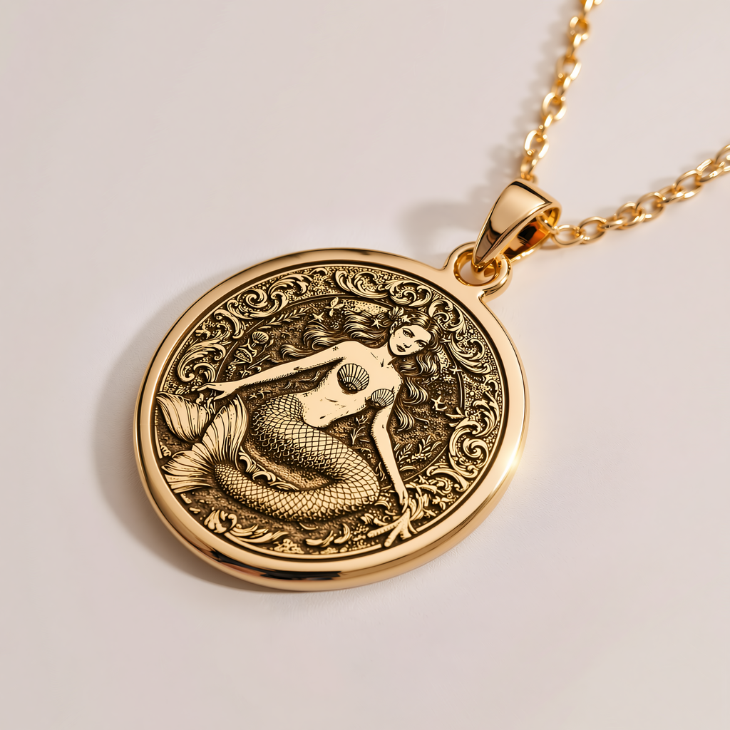 Ocean Goddess Mermaid Necklace - 14K Solid Gold, Right Angle View