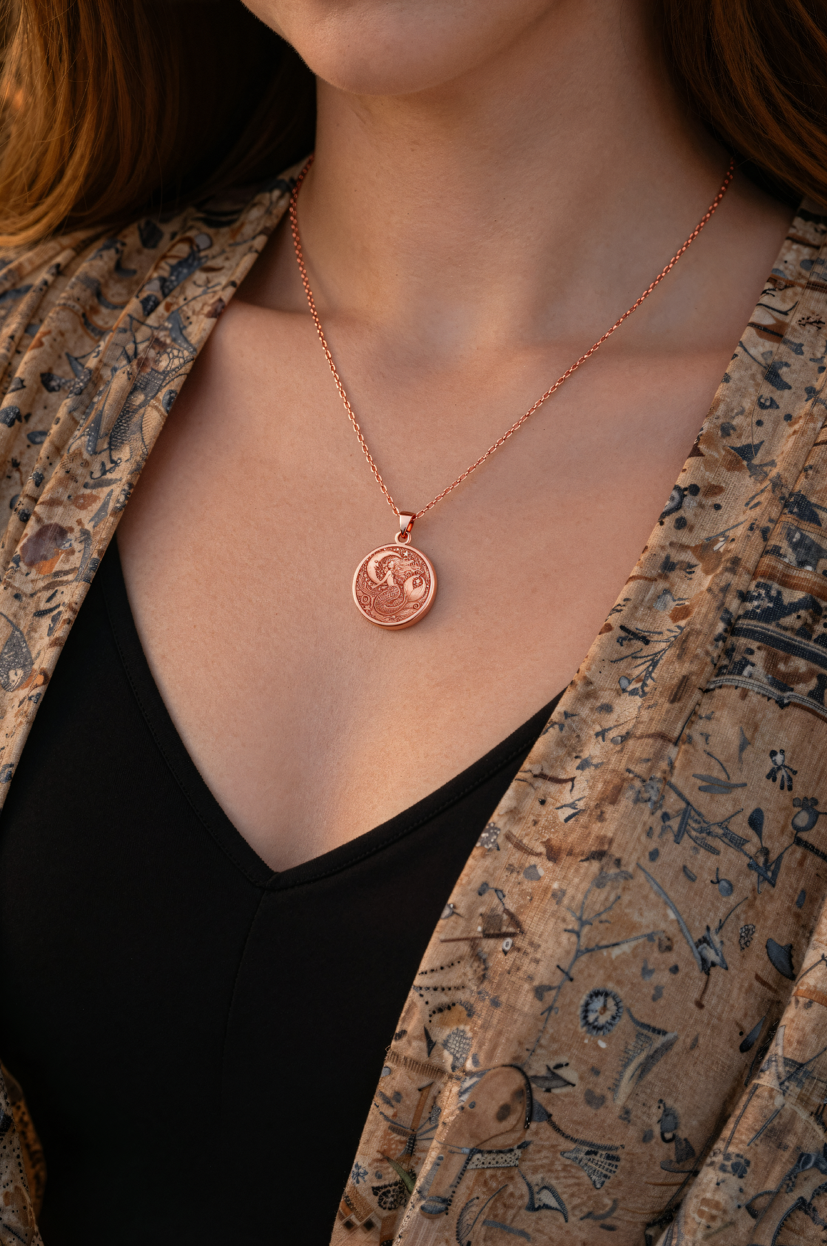 Ocean Siren Mermaid Necklace in a polished rose gold finish.