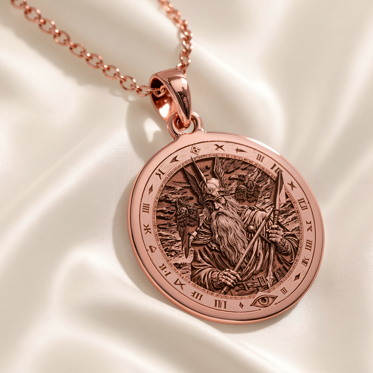 Odin Allfather Viking Pendant in a polished rose gold finish.