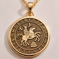 Odin Viking God Pendant in 14K gold, front view showing Odin riding Sleipnir with ravens and runic border.