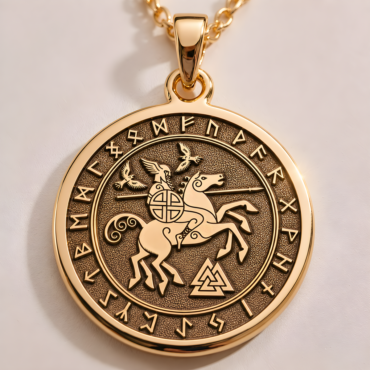 Odin Viking God Pendant in 14K gold, front view showing Odin riding Sleipnir with ravens and runic border.