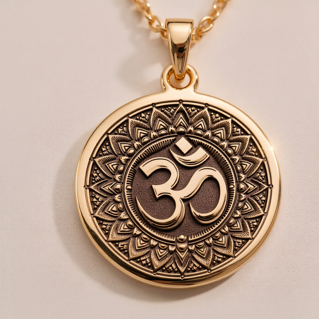14K Solid Gold Om Mandala Sacred Geometry Medallion Pendant — Sanskrit Aum studio detail (gallery angle 4)