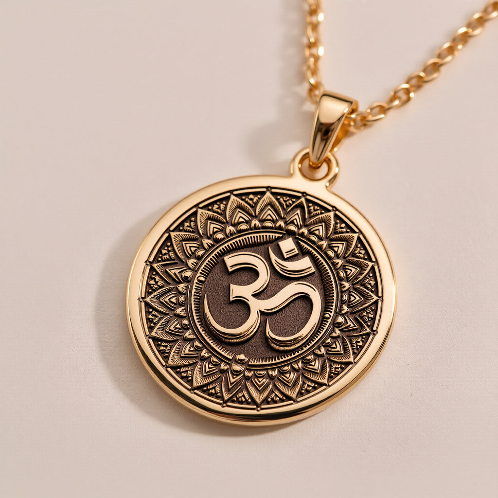 14K Solid Gold Om Mandala Sacred Geometry Medallion Pendant — Sanskrit Aum studio detail (gallery angle 5)